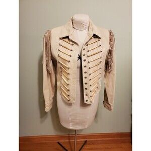 Vtg Double D Ranch Western Denim Horn Bone Detail Fringe Sz Small